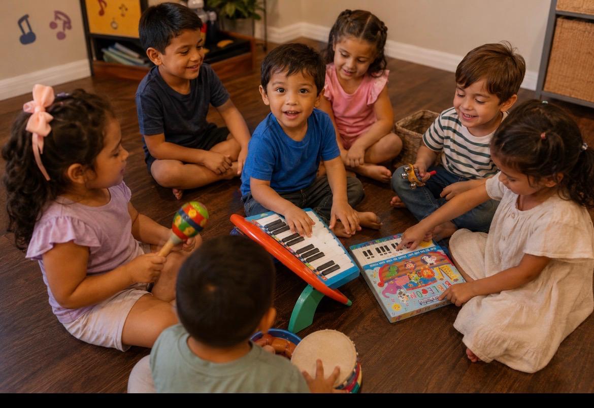 Children playing tiny pianos, maracas and drums in a music circle